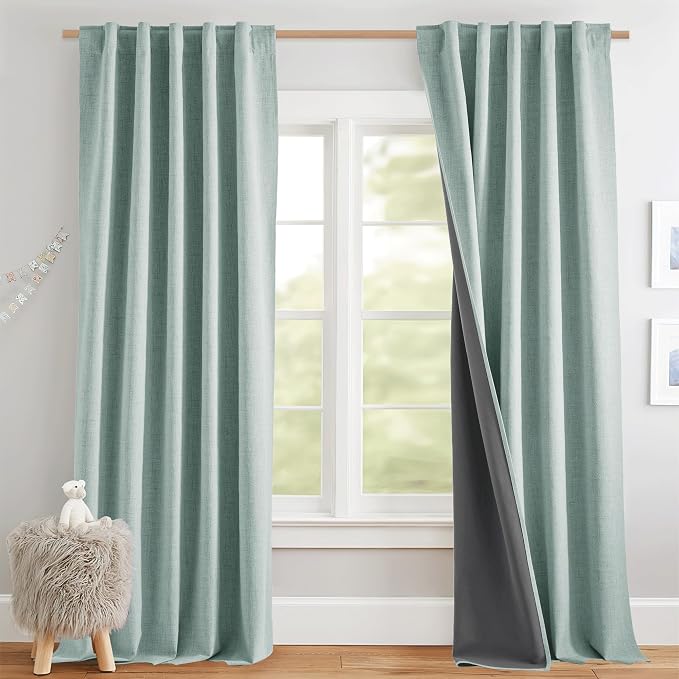 NICETOWN 100% Black Out Curtains 84 inch Long 2 Panels, Seafoam Green | Linen Blend, Thermal Insulated, Farmhouse Style, Privacy Curtains for Bedroom, Apartment Living Room, W42" x L84" Each
