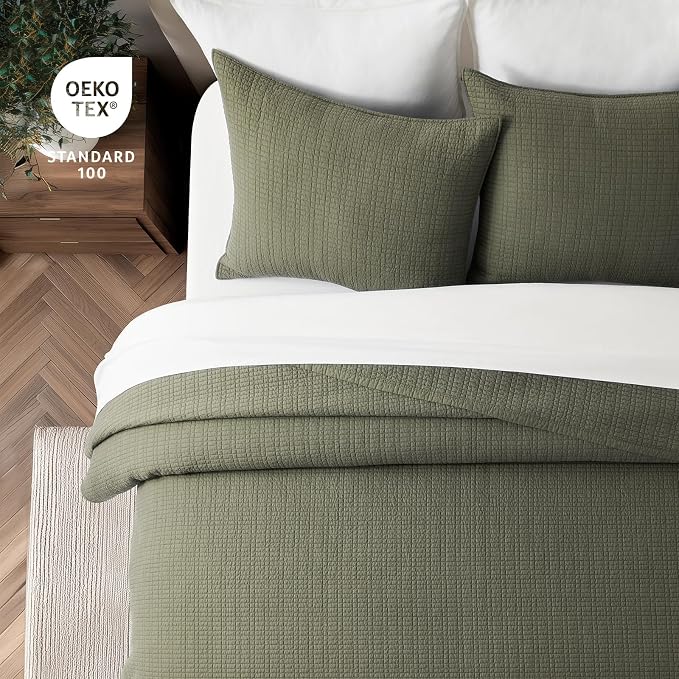 EverGrace 100% Cotton Modern Grid Stitch Quilt Set, King Size, Olive Green | Pre-Washed Cotton Coverlet Bedspread, Oversized Lightweight 3-Piece Bedding Set for All Season, with 2 Pillow Shams