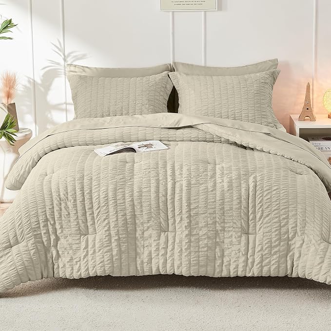 HYMOKEGE Light Linen King Size Comforter Set Seersucker 7 Pieces, All Season Luxury Bed in a Bag for Bedroom, Bedding Set with Comforter, Sheets, Pillowcases & Shams