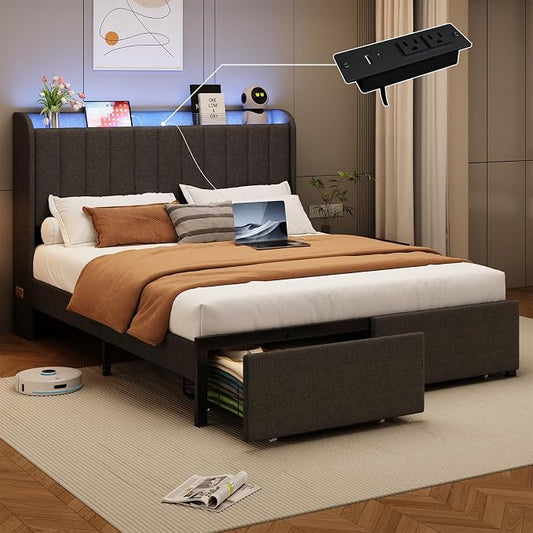 Queen Size Bed Frames with Storage Headboard and 2 Drawers, Upholstered Platform Bed Frame Queen with Led Lights and Handy Charging Station, No Box Spring Needed, Easy Assembly, Noise Free, Gray