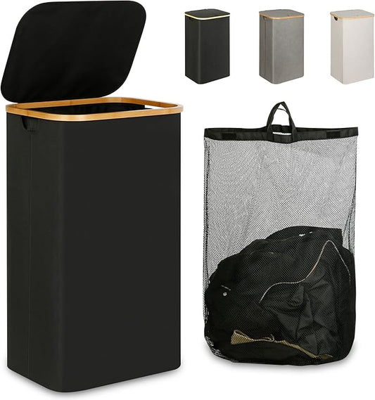 IEGrow Laundry Hamper with Lid,110L Laundry Basket with Mesh Bags,Black | Dirty Clothes Hamper Basket with Bamboo Handle for Clothes Towels