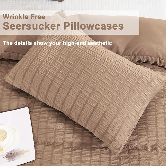 AveLom Taupe Duvet Cover Cal King(104 x 98 inches), 3 Pieces (1 Duvet Cover, 2 Pillowcases), Seersucker Striped Soft Washed Microfiber, Textured Duvet Cover Set with Zipper Closure, Corner Ties