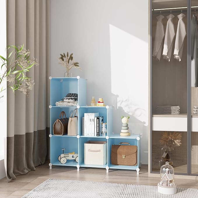 AWTATOS Cube Storage Organizer, Closet Organizers, 6 Cube Shelf, Blue | Portable Closet Storage Shelves, DIY Stackable Storage Cubes Bookshelf, Plastic Clothes Organizer Shelving for Bedroom, Home