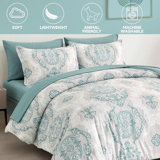 WONGS BEDDING Aqua Comforter Set Queen Size, Damask Texture 7 Pieces Bed in a Bag Microfiber Bohemian Comforter Bedding Sheet Set with Comforter, Flat Sheet, Fitted Sheet,Pillow Shams,Pillowcases