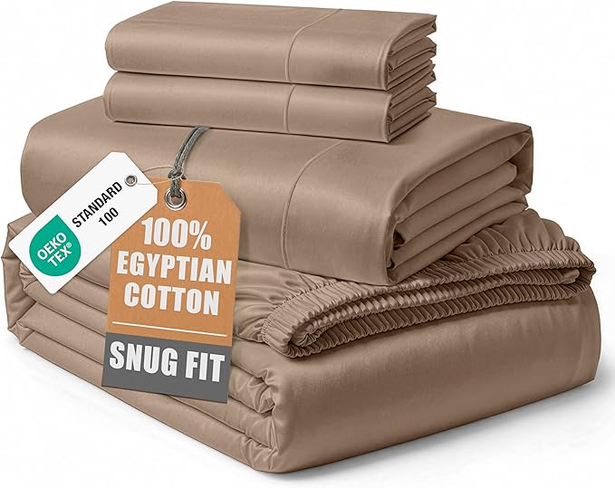 LANE LINEN Cal King Sheets 100% Egyptian Cotton Sateen - Taupe | Cali King Sheets - 4-Piece Set, Long-Staple Egyptian Cotton, For A Cool, Restful Sleep, Buttery-Soft Silky Sateen