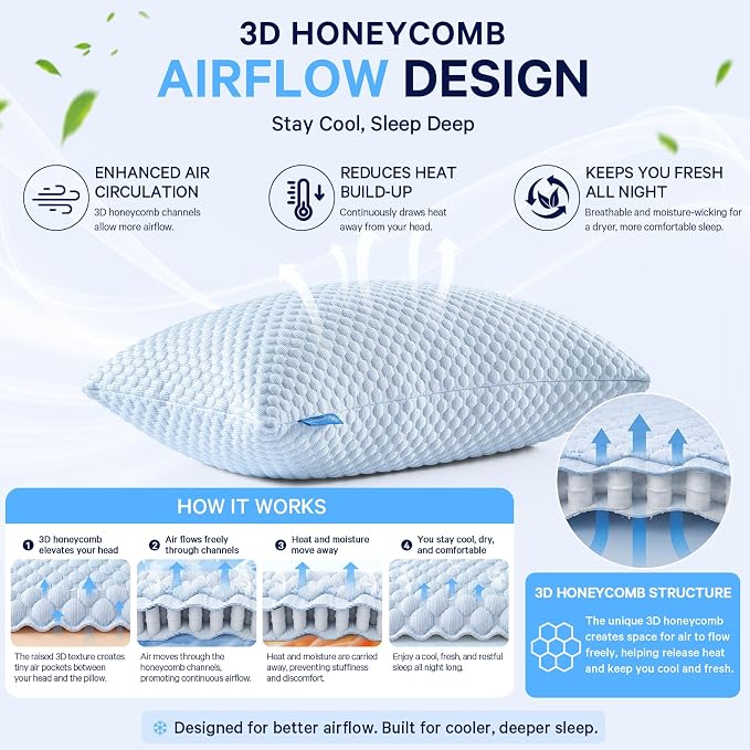 BETU Cooling Pillow Queen Size, Breathable Shredded Memory Foam Cool Pillow for Hot Sleepers, Adjustable Soft Support Bed Pillows for Side, Back, Stomach Sleepers, 3D Honeycomb Breathable Cover
