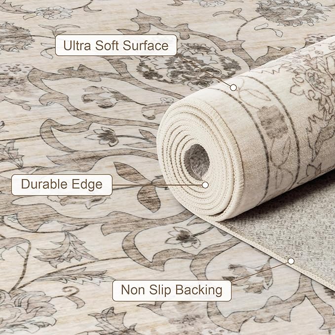 9x12 Area Rugs Living Room: Washable Rug for Bedroom Brown Beige | Vintage No Slip Stain Resistant Rug Soft Indoor Decor Floor Floral Area Rugs for Dining Room, Nursery, Hallway, Home Office