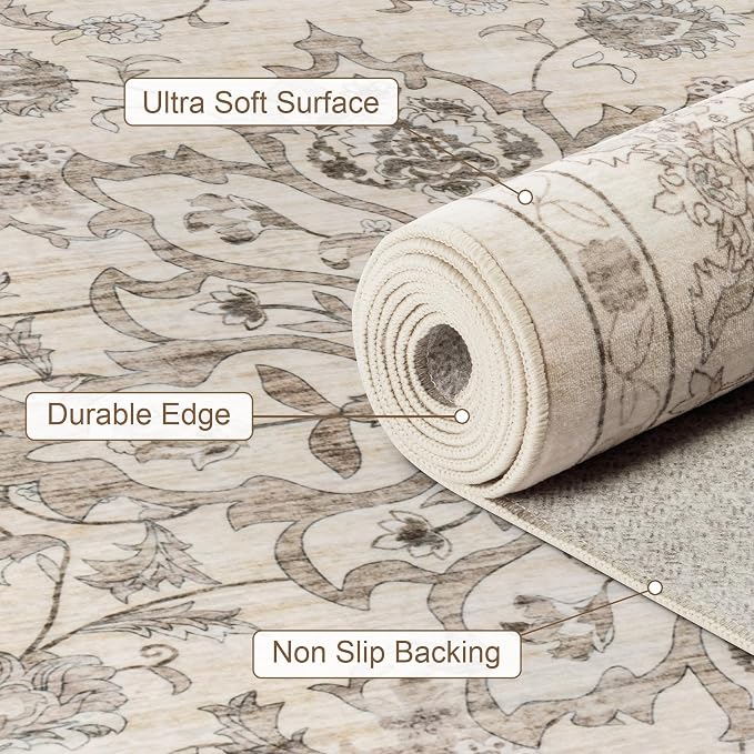 10x12 Area Rugs Living Room: Washable Rug for Bedroom Brown Beige | Vintage No Slip Stain Resistant Rug Soft Indoor Decor Floor Floral Area Rugs for Dining Room, Nursery, Hallway, Home Office
