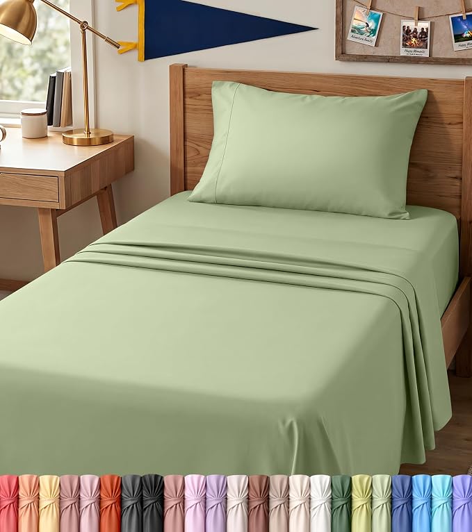 Twin XL Sheets Set, 3 Pieces 16" Deep Pocket Hotel Luxury Bed Sheets, Sage | Extra Soft Bedsheet Set, Comfy & Breathable Cooling Sheets, Wrinkle & Fade Resistant, Fitted Sheet, Flat Sheet, 1 Pillowcase