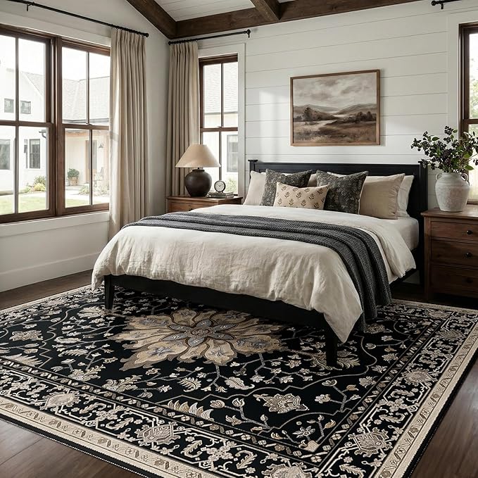 RELEANY Washable Area Rug, 8'x10', Black/Neutral | Non-Slip, Water Repellent, Pet Friendly, Easy to Clean, Vintage Floral Boho Decor for Living Room Bedroom Dining Room