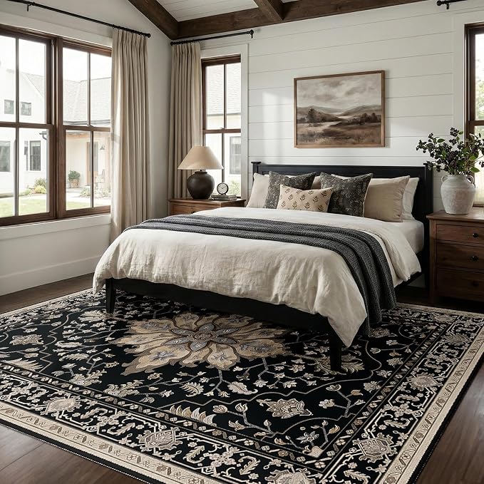 RELEANY Washable Area Rug, Large 9'x12', Black/Neutral | Non-Slip, Water Repellent, Pet Friendly, Easy to Clean, Vintage Floral Boho Decor for Living Room Bedroom Dining Room