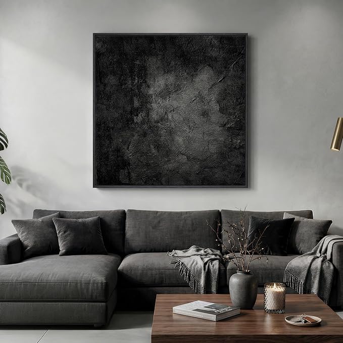Extra Large Framed Black Abstract Wall Art Decor for Living Room, 48x48 In | Minimalist, Canvas prints, Modern paintings, Dark moody, Black frame, Square pictures, Dining room, Bedroom wall decor