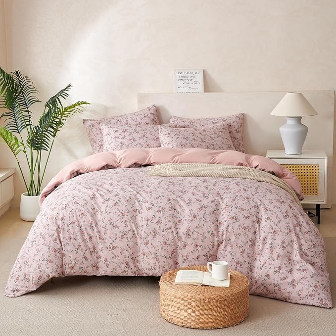 Floral Comforter Set King 3 Pieces Soft Chic Crinkle Gauze Fabric Garden Style Pink Flower Print Botanical Comforter for All Seasons Luxury Warmth Comfy Breathable with 2 Pillowcases