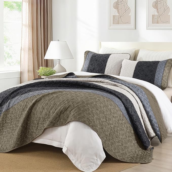 Cottolester Boho Quilt Set King,Black Taupe Striped Plaid Coverlet Set | Lightweight Bedspreads with 2 Pillow Shams,Soft Microfiber,All Season Bed Coverlets for Bedroom Guest Room 110"x90"