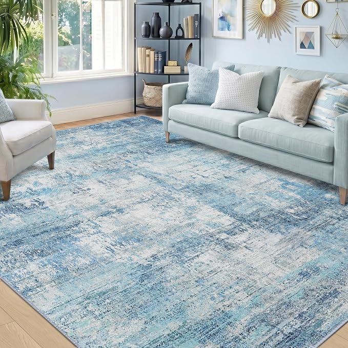 RELEANY Washable 8'x10' Abstract Area Rug for Living Room Teal Blue | Carpet for Bedroom, Kitchen, Office, Hallway and Entryway, Printed Pattern, Non‑Slip, Soft, Stain‑Resistant, Easy to Clean