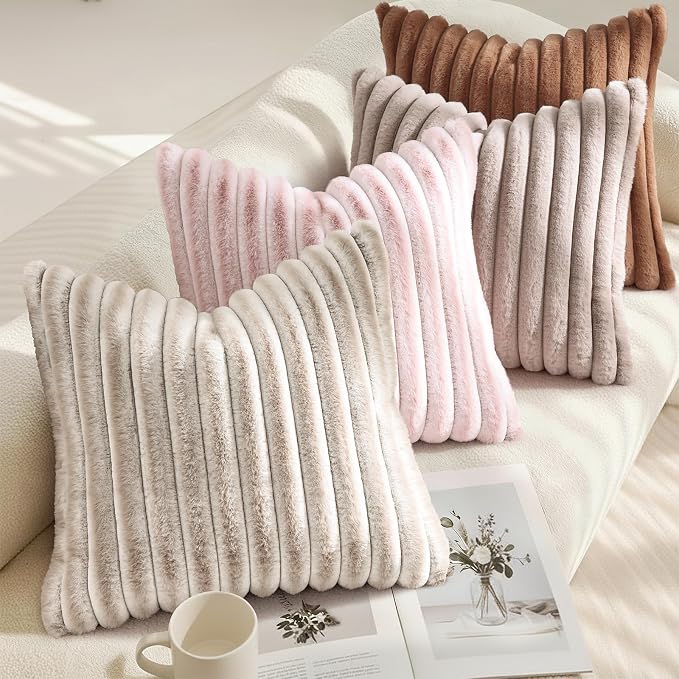 decorUhome Fall Faux Fur Throw Pillow Covers 22x22 Set of 2 Brown | Decorative Soft Cozy Striped Plush Modern Farmhouse Boho Couch Pillow Cases Velvet Back for Sofa Bed Living Room Home Decor