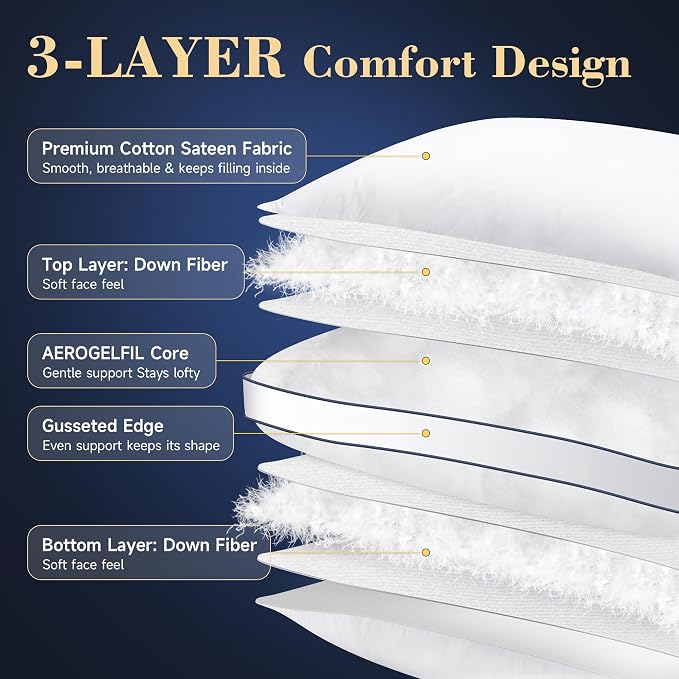 Down Pillows Queen Size Set of 2, Hotel Bed Pillow for Sleeping | Luxury Collection Gusseted Pillow Soft and Fluffy Support, Cotton Cover, Breathable, for Side, Back and Stomach Sleepers