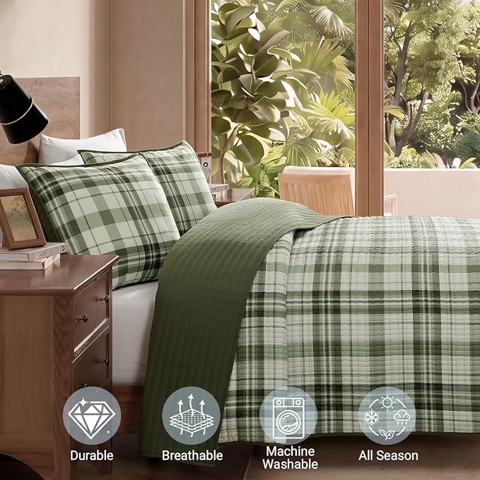Twin Quilt-Lightweight Bedspread Plaid Quilt Twin Size Quilt Bedding Set | Green Reversible Coverlet for All Seasons, Suitable for Bed, Couch, 2 Pieces, 66"x92"