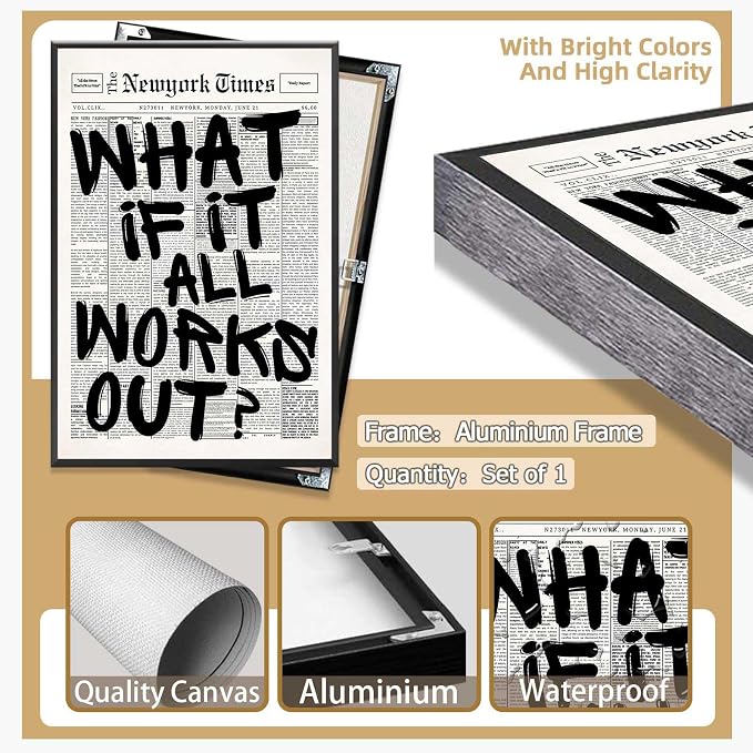 Retro Black And White Newspaper Poster What If It All Works Out Canvas Wall Art Positive Affirming Quote Minimalist Prints Painting For Home Bedroom Dorm Wall Decor 16x24in Framed