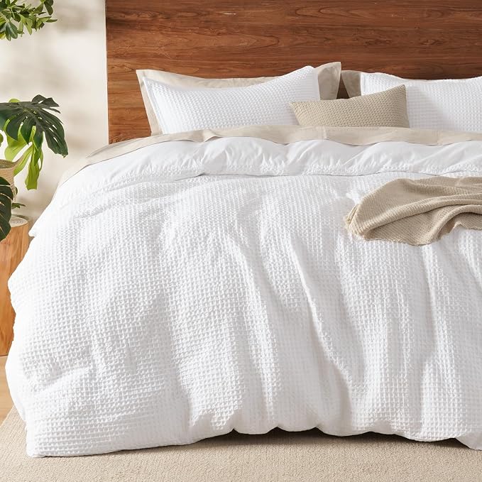 David's Home Soft Textured Waffle Weave Duvet Cover Set, Queen Size, White | Breathable Cozy for All Season, 300GSM, 3PCS Home Bedding Decor, OEKO-TEX Certified, Hidden Zipper, 8 Corner Ties, 90" X 90"