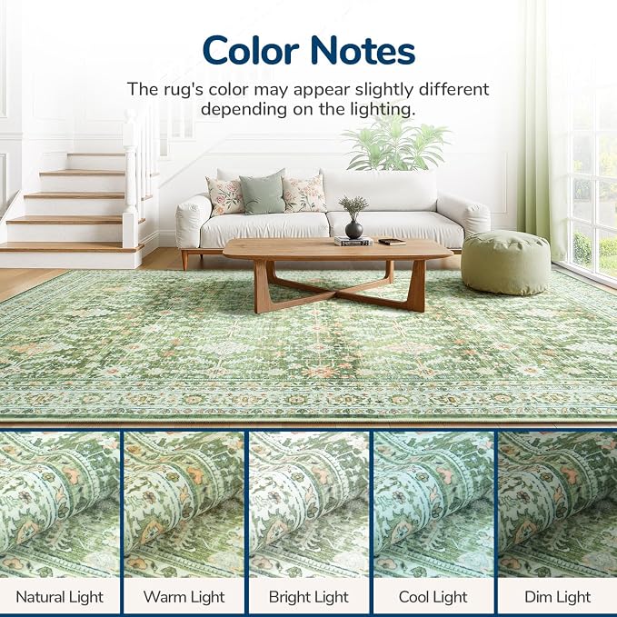 Area Rugs 8 x 10 for Living Room,Large Washable Carpet Light Green | Durable Stain Resistant,Kid Pet Friendly,Compatible with All Vacuums,0.25inch Low Pile for Bedroom Dining Room Home Office