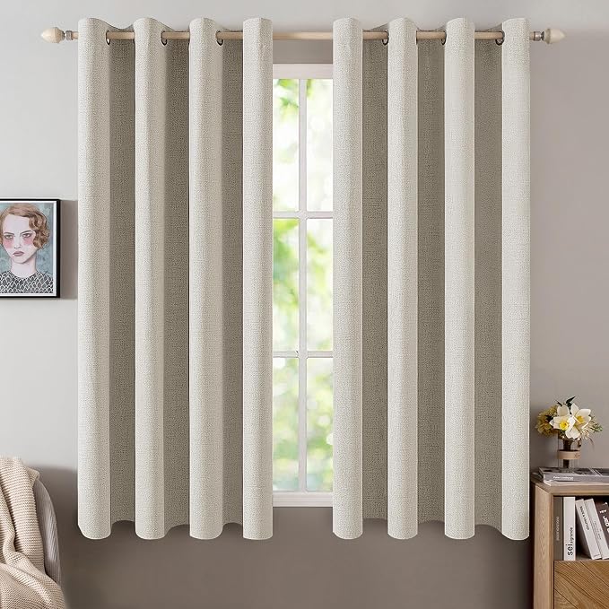 MIULEE 100% Blackout Linen Curtains for Bedroom 52x54 Inches Cobblestone | Room Darkening, Light Blocking, Thermal Insulated, Grommet Top, Linen Textured, Window Curtains for Living Room, 2 Panels
