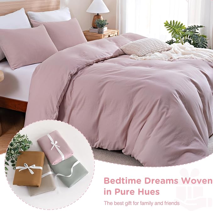 TOCOMOA 100% Muslin Cotton Duvet Cover Set, Pink, Queen | Linen-Like Texture. Ultra Soft, Breathable, Comfy & Lightweight Bedding Set with Zipper & 8 Ties. 3 Pcs, No Insert
