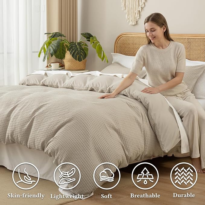 David's Home Textured Waffle Weave Duvet Cover Set, Queen Size, Natural | Breathable Cozy for All Season, 300GSM, 3PCS Home Bedding Decor, OEKO-TEX Certified, Hidden Zipper, 8 Corner Ties, 90" X 90"