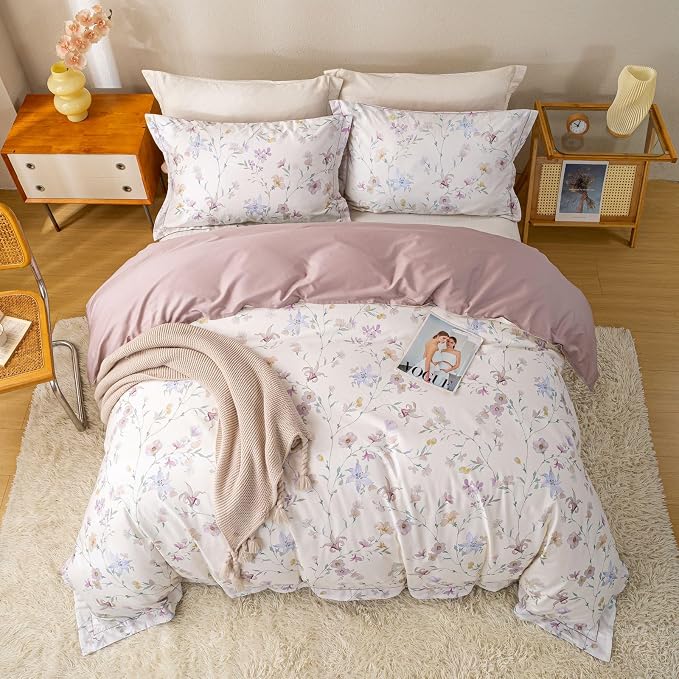 OAITE Queen Floral Pattern Duvet Cover Set Unique Design 3pcs 100% Cotton | Exquisite Stitched Hem, Breathable,Soft,Hidden Zipper,8 Corner Ties,Easy Care for All Season