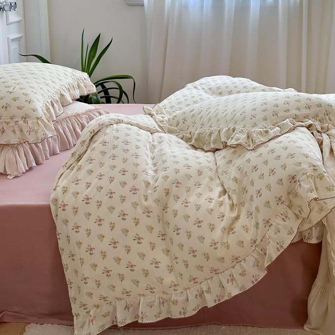 Cotton Muslin Duvet Cover Queen, Chic Shabby Azalea Floral Comforter Cover with Ruffles, Soft Breathable Gauze Quilt Covers for Kids Teens,90"x90", Zipper Closure, No Pillow