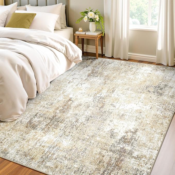 RELEANY Washable 4'x6' Abstract Area Rug for Living Room Neutral Brown | Carpet for Bedroom, Kitchen, Office, Hallway and Entryway, Printed Pattern, Non‑Slip, Soft, Stain‑Resistant, Easy to Clean