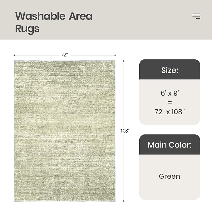6x9 Area Rugs Non Slip, Large Washable Rugs for Living Room, Green | Soft Low Pile, Thin & Lighweight Carpet, Folable Stain Resistant Modern Indoor Floor Mat for Bedroom, Dining Room, Home Decor
