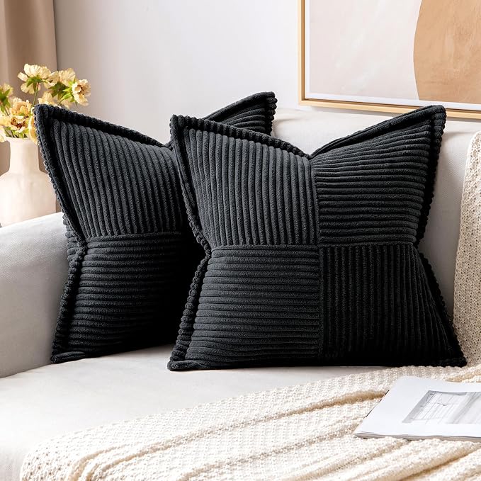 MIULEE Decorative Throw Pillow Covers for Couch 18x18 Inch Black 2 Pack | Boho Broadside Striped Patchwork Pillow Covers, Soft Corduroy Cushion Cases, For Sofa Bed Livingroom Home Decor