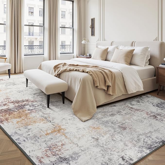 Rugflix 5x7 Area Rugs for Living Room, Washable Beige Grey Large Rug | Machine Washable; Stain-Resistant; Low Pile; Non-Slip; Modern Abstract; Carpet for Bedroom Dining Office Nursery Home