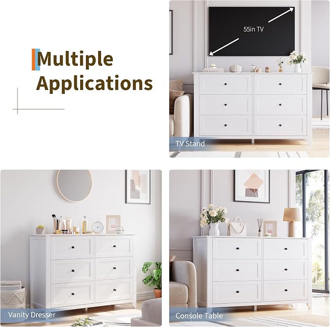 Garvee White 6-Drawer Dresser for Bedroom, 54" Long Chest of Drawers | Modern Lacquered Storage Drawers Organizer, 15.8"D x 54"W x 31.5"H, Storage Dresser with Deep Drawers for Hallway Entryway