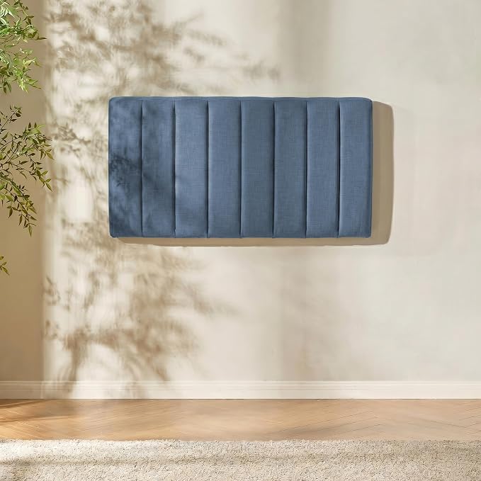 Hearth & Harbor Wall Mounted Twin Headboard Only, Bed Headboard Twin Size | Easy Assemble, Floating Peel and Stick, Upholstered, Channel Stitched, 3D Wall Panels, 5 Strips of 3M Tape Included, Blue
