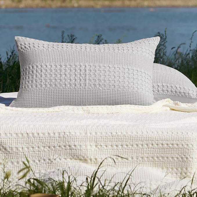 PHF 100% Cotton Waffle Pillow Shams King Size, 2 Pack 20" x 36" Soft Skin-Friendly Pillowcases, No Filling, Aesthetic Woven and Breathable Waffle Weave Pillow Case Covers for Bed, Light Grey