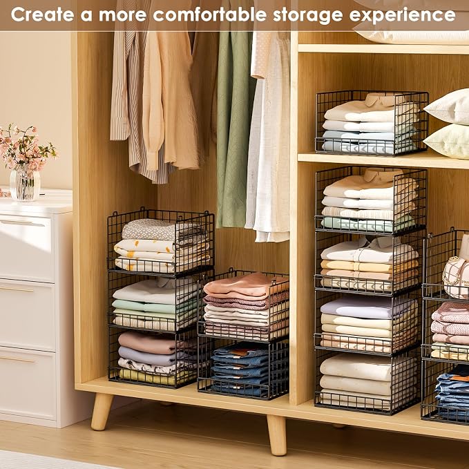 5-Tier Stackable Closet Organizers and Storage Baskets, Closet Shelf Organizer for Small Space, Space-Saving closet organizer system, Foldable Clothes Storage Bins for Closet Organizer System, Black