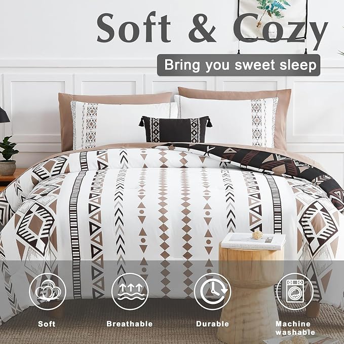 Super King Plus Comforter Set - 7 Pieces Boho Bed in a Bag Western Bedding | Reversible Bedding, All Season Aztec Bed Set with Comforter, Sheets, Pillowcases & Shams, Brown