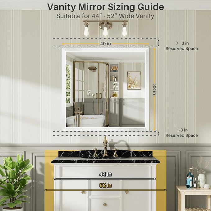 Bathroom Wall Mirror, White Metal Frame, 40x38 Inch | Anti-rust, HD tempered glass, for bathroom vanity, bedroom, living room, horizontal or vertical mount