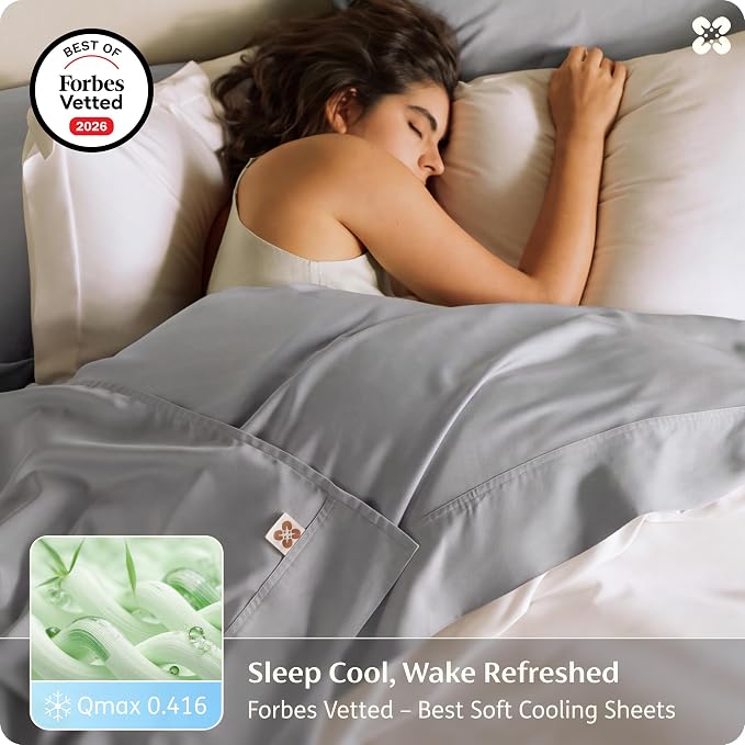 Bedsure PureWoven 100% Viscose Derived from Bamboo, Queen Sheets, 4PCS | Organically Grown, Cooling Bed Sheet for Hot Sleepers, 18" Deep Pocket with Corner Straps, Luxury Silky Soft, Grey