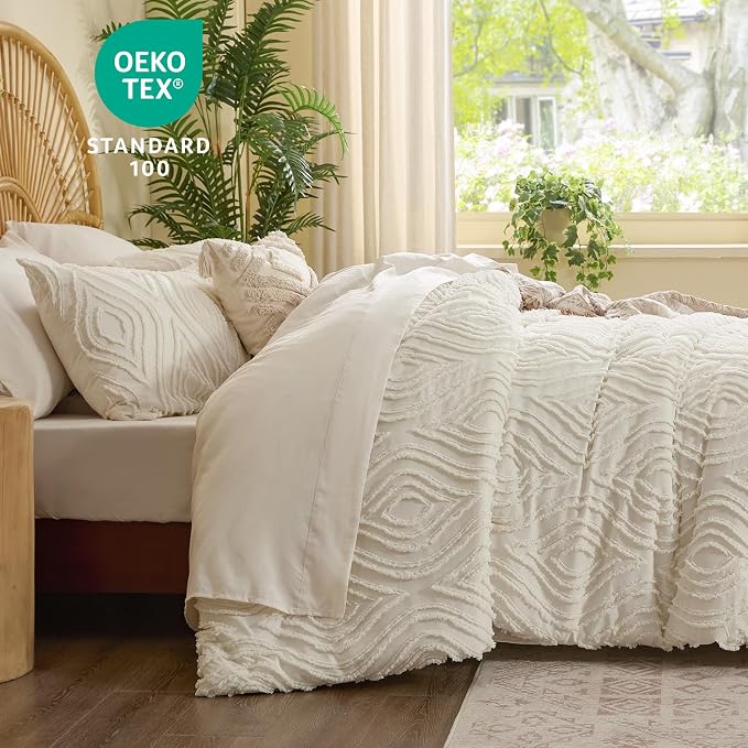 BEDELITE Twin Comforter Set 5 Pieces,Boho Bed in a Bag,Wavy-Cream White | Tufted Bed Set for All Seasons,Soft Farmhouse-Style Embroidery Bedding,Includes Flat & Fitted Sheets,1 Pillowcase & 1 Sham