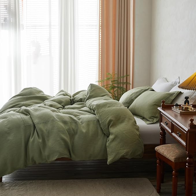 Simple&Opulence 100% Washed Linen Duvet Cover Set 68"x86" - 2 Pieces Soft Farmhouse Comforter Set Double Embroidered with Button Closure - 1 Duvet Cover and 1 Pillowsham (Sage Green, Twin)