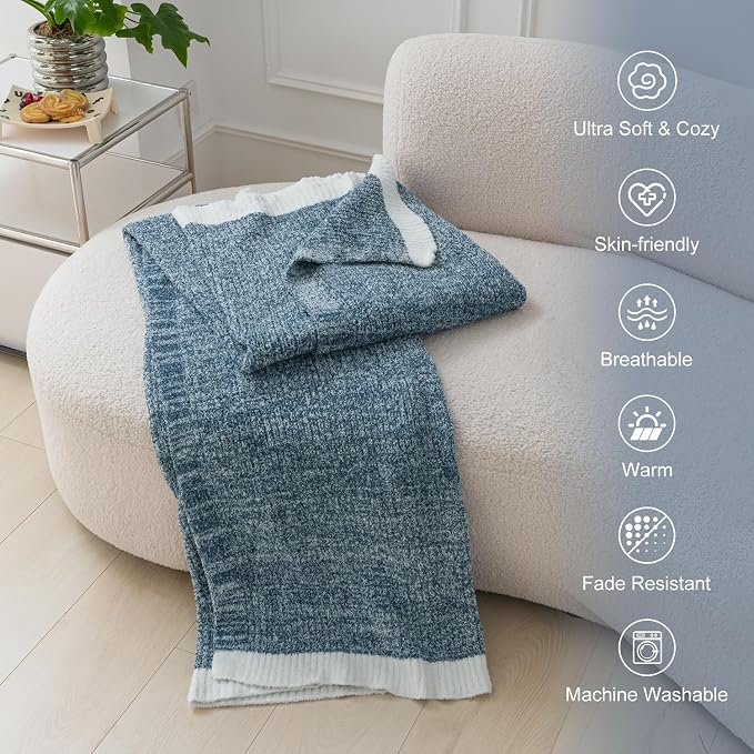 MH MYLUNE HOME Ultra Soft Ribbed Throw Blanket Plush, Blue, 60"x80" | Reversible Fleece Throw Blanket, Comfy Fluffy Fuzzy Plush Blanket Throws for Couch Sofa Bed, Cozy Blankets for Women Gift