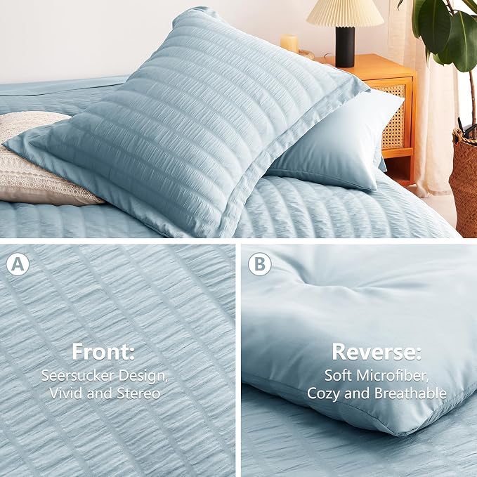 Oversized Queen Seersucker Comforter Set, Light Blue, 98 x 98 in | OEKO-TEX Certified, 7 Pieces Bed in a Bag with 240 GSM Down Alternative Comforter, Flat & Fitted Sheets, Pillowcases & Shams
