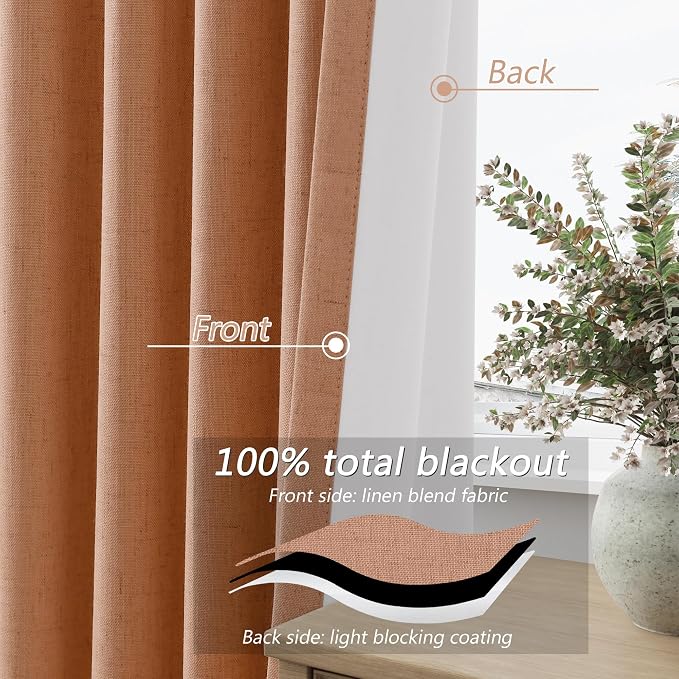 100% Blackout Curtains 90 Inch Length 2 Panels Set for Living Room Bedroom Back Tab Thermal Insulated Black Out Linen Drapes Room Darkening Peach Quartz,52x90