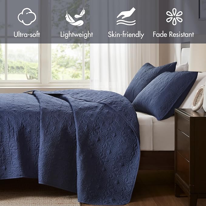 Madison Park Luxurious Cotton Damask Quilt Set, 2PC Twin/Twin XL Bed Set | All Season, Lightweight Stitching Coverlet Bedspread Bedding Stitching with Shams, Navy