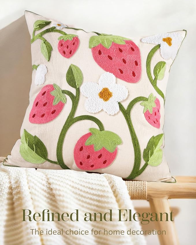 Embroidered Throw Pillow Cover 18x18 Inch, Branch Strawberry | Decorative Pillow Cover, Cottagecore Cushion Case with Hidden Zipper, Farmhouse Decor for Couch, Sofa, Living Room, Bedroom