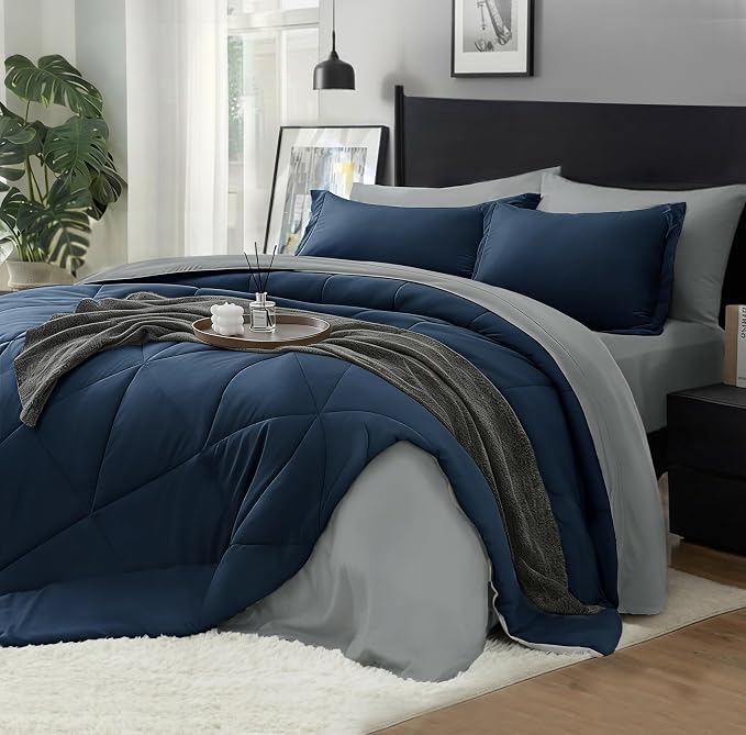 BEDELITE Twin Comforter Set 5 Pieces, Reversible Calm Blue Bed in A Bag | Soft All Season Down-Alternative Comforter, Sheets, Pillowcases & Shams, OEKO-TEX Certified Bedding for Bedrrom, Guest Room