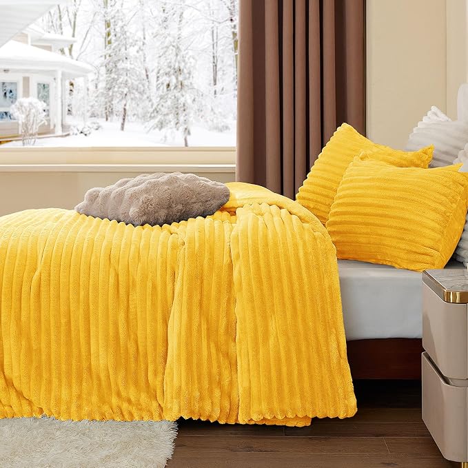 BEDELITE Fleece Twin/Twin XL Comforter Set, Fluffy Bed Set, Bright Yellow | Super Soft & Warm Bedding, Luxury Fuzzy Faux Fur Comforter for Winter, Heavy Plush Bedding, with 1 Pillowcase